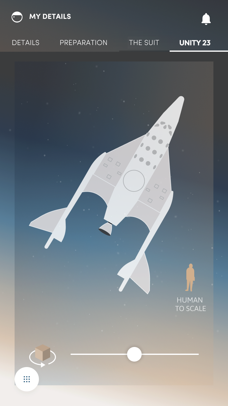The Suit tab showing the VSS Unity spaceship with a human figure for scale