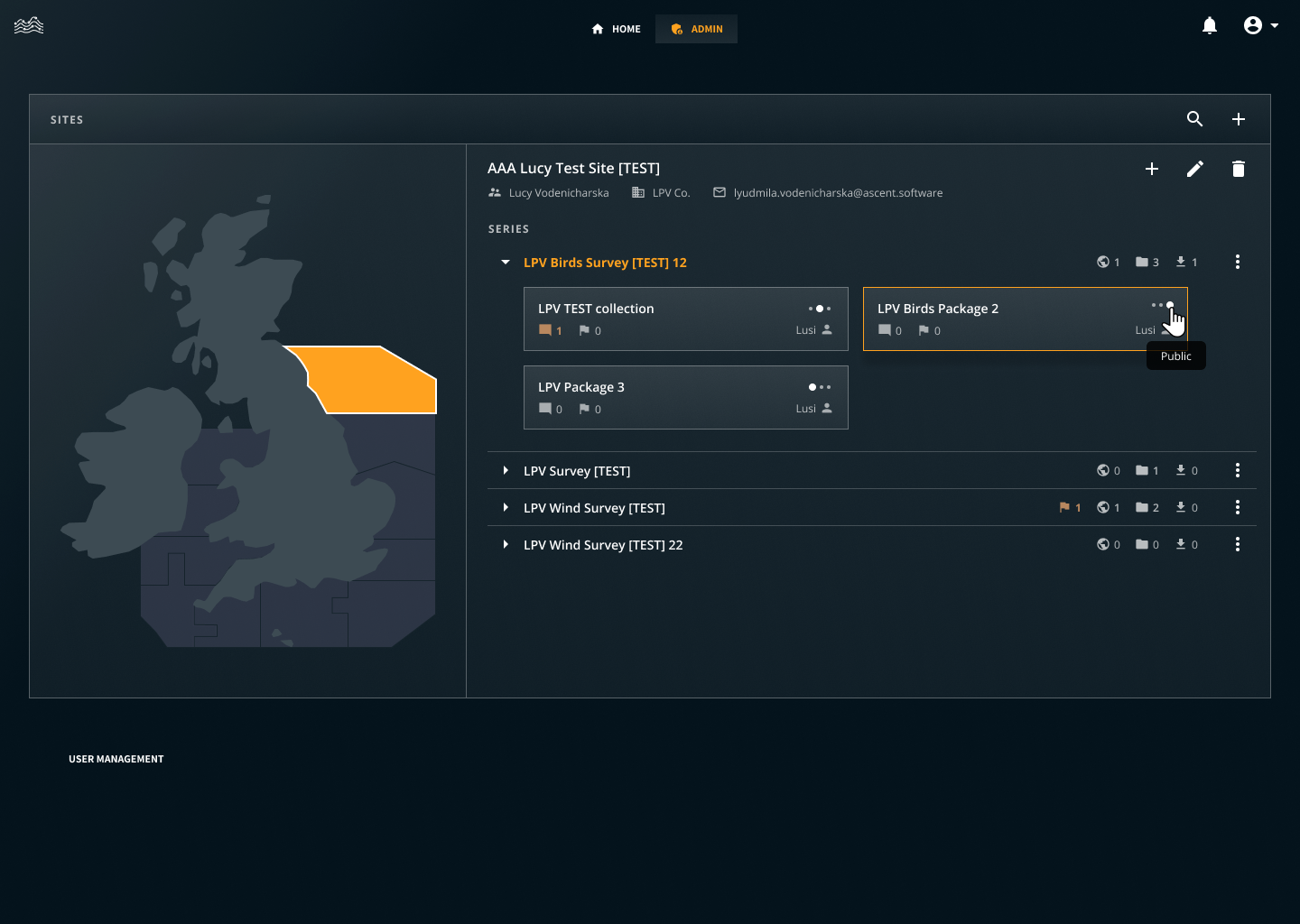 Admin view: sites list with a map of the UK and the selected survey area highlighted